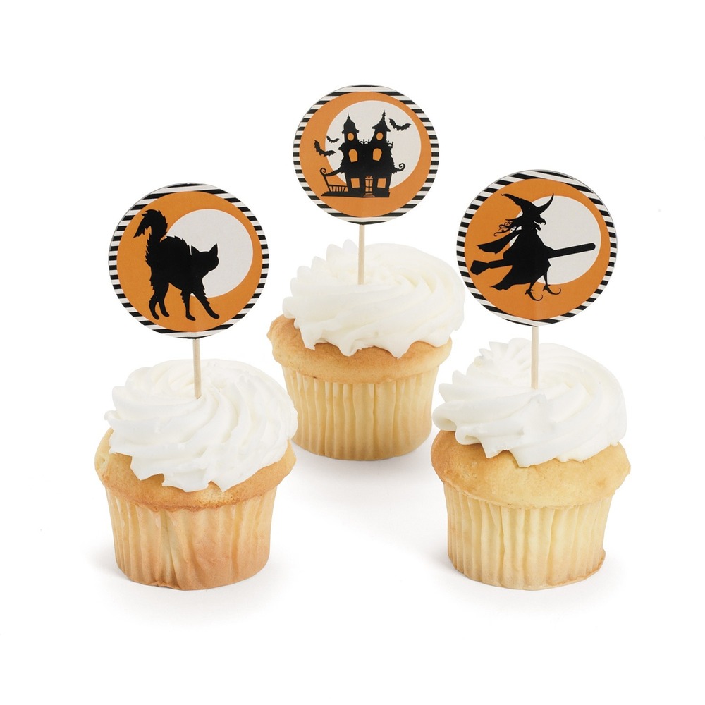 50 Halloween Cupcake Toppers Witch Haunted House Black Cat Party Picks Black/Org